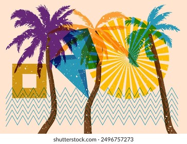 Risograph Palm Trees with geometric shapes. Objects in trendy riso graph print texture style design with geometry elements.