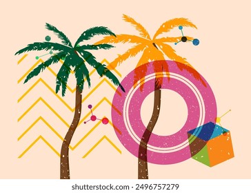 Risograph Palm Trees with geometric shapes. Objects in trendy riso graph print texture style design with geometry elements.