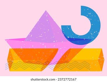 Risograph paper ship with geometric shapes. Origami boat with geometry elements in trendy riso graph design.