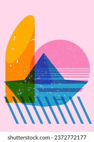 El papel del Risograph se envía con formas geométricas. Barco de originami con elementos geométricos en diseño de grafo de riso a la moda.