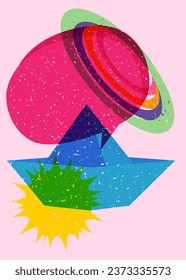 Risograph paper ship with speech bubble and geometric shapes. Origami boat with geometry elements in trendy riso graph design.