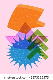 El papel del Risograph se envía con burbujas de voz y formas geométricas. Barco de originami con elementos geométricos en diseño de grafo de riso a la moda.