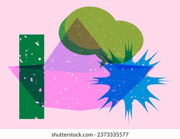 Risograph paper ship with speech bubble and geometric shapes. Origami boat with geometry elements in trendy riso graph design.