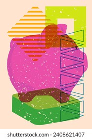 Risograph Piglet with geometric shapes. Objects in trendy riso graph print texture style design with geometry elements.