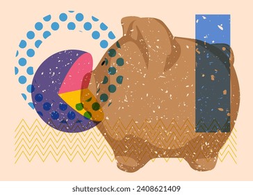 Risograph Piglet with geometric shapes. Objects in trendy riso graph print texture style design with geometry elements.