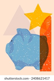 Risograph Piglet with geometric shapes. Objects in trendy riso graph print texture style design with geometry elements.