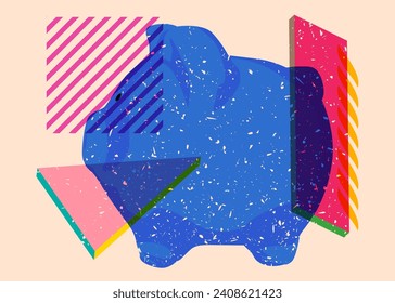 Risograph Piglet with geometric shapes. Objects in trendy riso graph print texture style design with geometry elements.