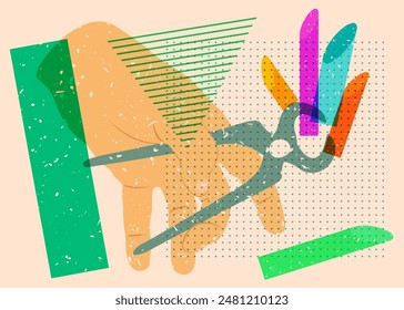 Risograph Pliers, Tongs with geometric shapes. Objects in trendy riso graph print texture style design with geometry elements.