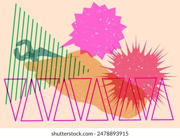 Risograph Pliers, Tongs. A hand tool used to hold objects securely with speech bubble with geometric shapes. Objects in trendy riso graph print texture style design with geometry elements.