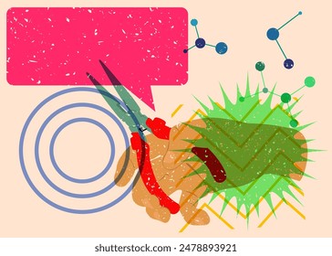 Risograph Pliers, Tongs. A hand tool used to hold objects securely with speech bubble with geometric shapes. Objects in trendy riso graph print texture style design with geometry elements.