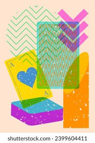 Risograph Poker Playing Card with geometric shapes. Objects in trendy riso graph print texture style design with geometry elements.