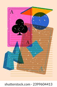 Risograph Poker Playing Card with geometric shapes. Objects in trendy riso graph print texture style design with geometry elements.