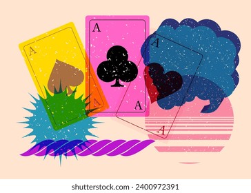 Risograph Poker Playing Card with speech bubble with geometric shapes. Objects in trendy riso graph print texture style design with geometry elements.