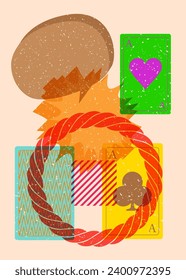 Risograph Poker Playing Card with speech bubble with geometric shapes. Objects in trendy riso graph print texture style design with geometry elements.