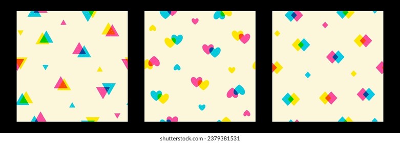 Efecto de impresión de Risograph con patrones de vector de repetición ininterrumpidos. Colección de fondo simple de riso geométrico a la moda. Corazón, triángulo, formas de rhombus de textura estratificada. Plantillas de colores rosa, azul y amarillo.