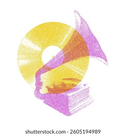 Risograph Print with Photocopy Effect Featuring a Vintage Gramophone and Music Record in Retro Aesthetic