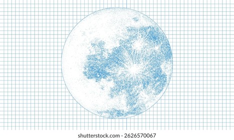 Risograph Print with Photocopy Effect Featuring a Moon on a Notebook Grid Background