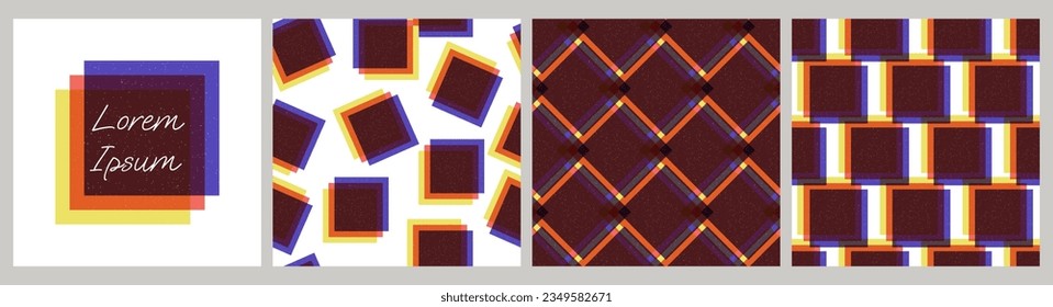 Risograph print set of poster and seamless patterns. Abstract riso squares with noise texture, glitch effect. Retro minimalist geometric shapes. Vector illustration isolated on white background