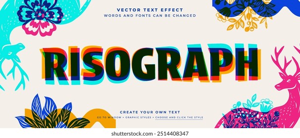 Efecto de texto de impresión risográfica sobre fondo abstracto, estilo gráfico de Vector superpuesto