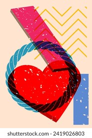 Risograph Red Heart with geometric shapes. Objects in trendy riso graph print texture style design with geometry elements.