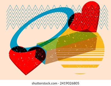 Risograph Red Heart with geometric shapes. Objects in trendy riso graph print texture style design with geometry elements.