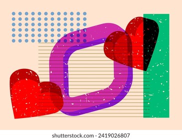 Risograph Red Heart with geometric shapes. Objects in trendy riso graph print texture style design with geometry elements.