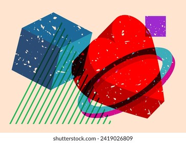 Risograph Red Heart with geometric shapes. Objects in trendy riso graph print texture style design with geometry elements.