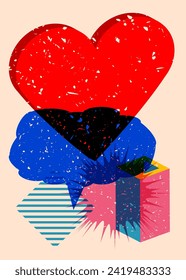 Risograph red heart with speech bubble with geometric shapes. Objects in trendy riso graph print texture style design with geometry elements.