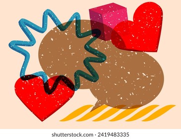 Risograph red heart with speech bubble with geometric shapes. Objects in trendy riso graph print texture style design with geometry elements.