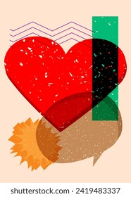 Risograph red heart with speech bubble with geometric shapes. Objects in trendy riso graph print texture style design with geometry elements.