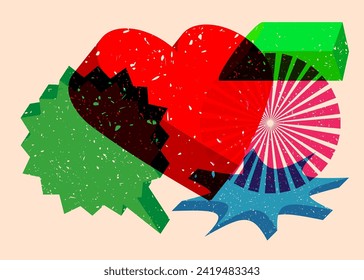 Risograph red heart with speech bubble with geometric shapes. Objects in trendy riso graph print texture style design with geometry elements.