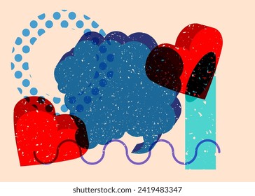 Risograph red heart with speech bubble with geometric shapes. Objects in trendy riso graph print texture style design with geometry elements.