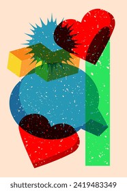 Risograph red heart with speech bubble with geometric shapes. Objects in trendy riso graph print texture style design with geometry elements.