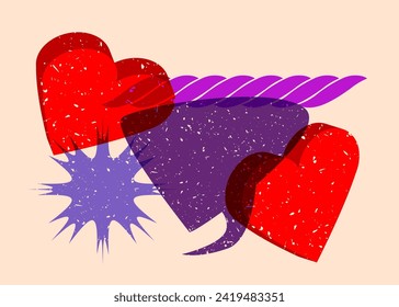 Risograph red heart with speech bubble with geometric shapes. Objects in trendy riso graph print texture style design with geometry elements.