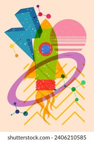 Risograph Rocketship with geometric shapes. Objects in trendy riso graph print texture style design with geometry elements.