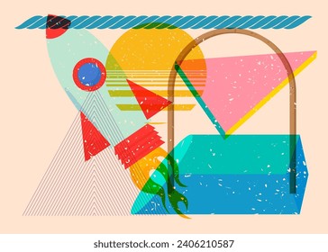 Risograph Rocketship with geometric shapes. Objects in trendy riso graph print texture style design with geometry elements.