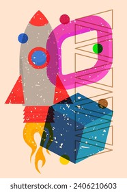 Risograph Rocketship with geometric shapes. Objects in trendy riso graph print texture style design with geometry elements.