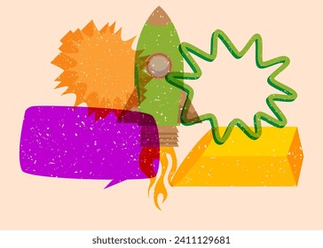 Risograph Rocketship with speech bubble with geometric shapes. Objects in trendy riso graph print texture style design with geometry elements.