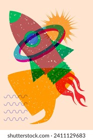 Risograph Rocketship with speech bubble with geometric shapes. Objects in trendy riso graph print texture style design with geometry elements.