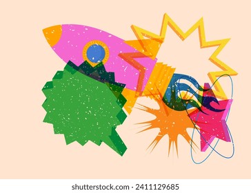 Risograph Rocketship with speech bubble with geometric shapes. Objects in trendy riso graph print texture style design with geometry elements.