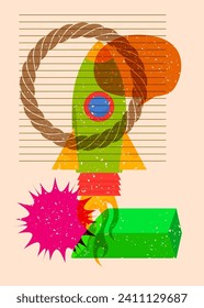 Risograph Rocketship with speech bubble with geometric shapes. Objects in trendy riso graph print texture style design with geometry elements.
