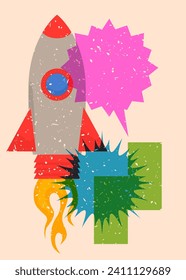 Risograph Rocketship with speech bubble with geometric shapes. Objects in trendy riso graph print texture style design with geometry elements.