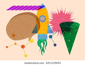 Risograph Rocketship with speech bubble with geometric shapes. Objects in trendy riso graph print texture style design with geometry elements.