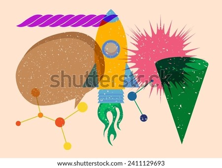 Risograph Rocketship with speech bubble with geometric shapes. Objects in trendy riso graph print texture style design with geometry elements.