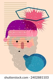 Risograph Santa Claus face, head with speech bubble with geometric shapes. Objects in trendy riso graph print texture style design with geometry elements.