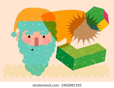 Risograph Santa Claus face, head with speech bubble with geometric shapes. Objects in trendy riso graph print texture style design with geometry elements.