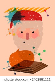 Risograph Santa Claus face, head with speech bubble with geometric shapes. Objects in trendy riso graph print texture style design with geometry elements.