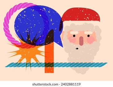 Risograph Santa Claus face, head with speech bubble with geometric shapes. Objects in trendy riso graph print texture style design with geometry elements.