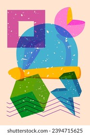 Risograph Santa Claus Hat with geometric shapes. Objects in trendy riso graph print texture style design with geometry elements.