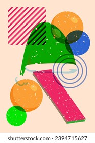 Risograph Santa Claus Hat with geometric shapes. Objects in trendy riso graph print texture style design with geometry elements.